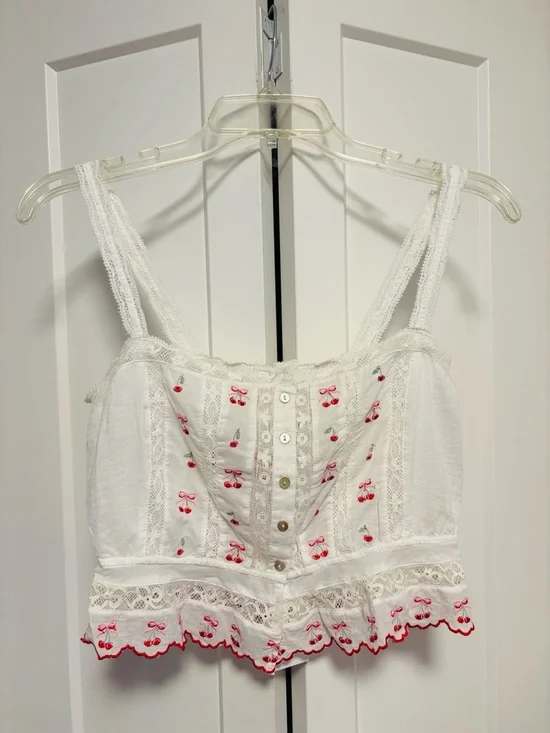 NWT [LoveShackFancy] Vietta Embroidered Cherry Lace Crop Top White Women’s XS - Picture 6 of 14